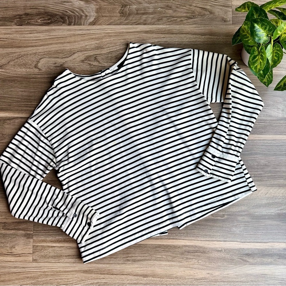 Who What Wear Striped Button-Back Long Sleeve Top White Black Size S